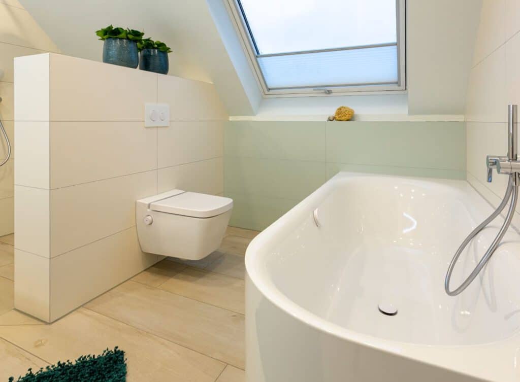 Badsanierung: Badezimmer unter Dachschräge mit Badewanne und WC